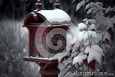 a mailbox with red holiday decorations in the winter months Stock Photo