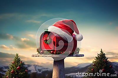 A mailbox with a Santa hat perched on top, symbolizing the holiday season and the anticipation of receiving packages and greetings Stock Photo