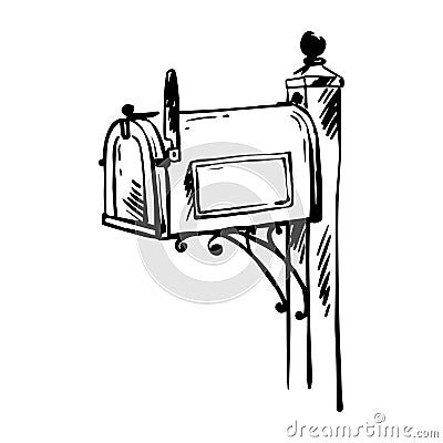 Mailbox sketch. American black close mailbox. Vector hand-drawn illustration. Vector Illustration