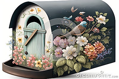 mailbox surrounded by blooming flowers, adding a colorful touch to the mailbox Stock Photo