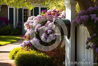 mailbox surrounded by blooming flowers, with view to the front door of a house Stock Photo