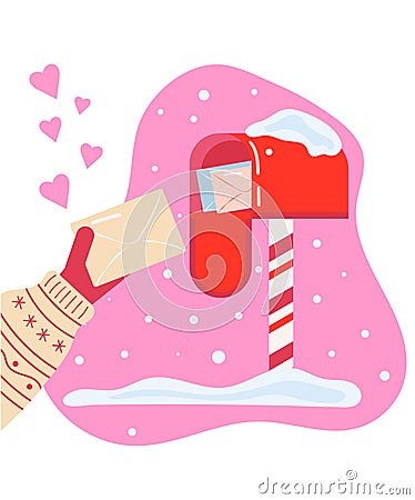 Mailbox with Valentine's cards and a human hand holding an envelope with a love letter. Hearts. Valentine's Day Cartoon Illustration