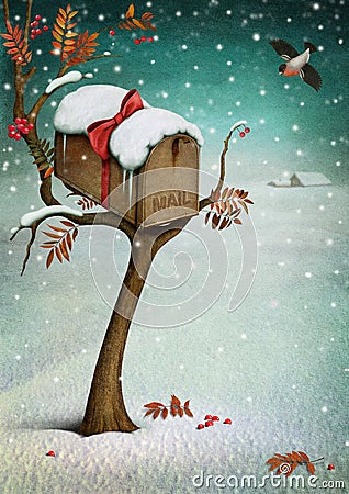Mailbox in winter forest. Cartoon Illustration