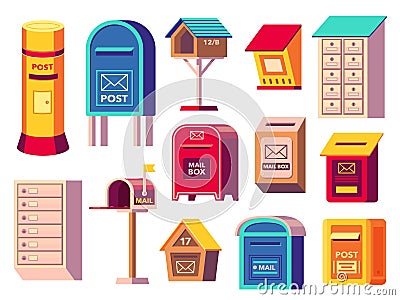 Mailboxes collection. Postbox icons for receiving letters, post container with correspondence, mail newsletter package Vector Illustration