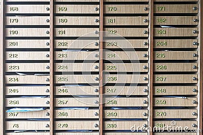 Mailboxes on the wall in the entrance of an apartment building Stock Photo