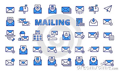 Mailing icons in line design blue. Envelope, mail, business, email, letter, address, send, receive, inbox, outbox Vector Illustration