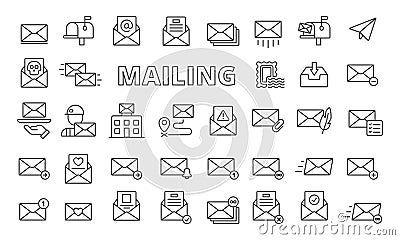 Mailing icons in line design. Envelope, mail, business, email, letter, address, send, receive, inbox, outbox, tracking Vector Illustration