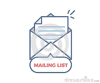 Mailing List vector icon. Opened envelope with paper coming out Vector Illustration