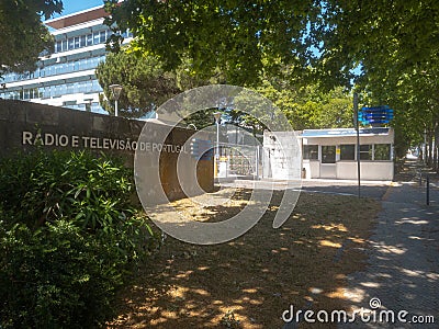 main access door to the facilities of the headquarters building of RTP, radio and television of Portugal in Lisbon Editorial Stock Photo