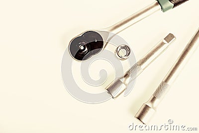 Main advantage of heads used to unwind or tighten nuts and bolts hard to reach places. Home improvement tools concept Stock Photo