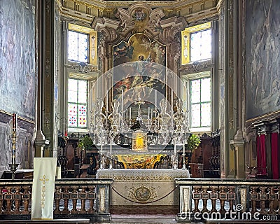 Main Altar of the 11th century Romanesque church of St. Vincent in Gravedona on Lake Como. Editorial Stock Photo