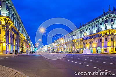 Main avenue in Minsk brightly illuminated on holidays Editorial Stock Photo