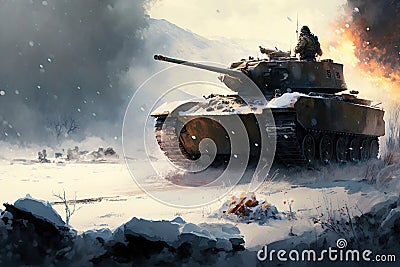 Main battle tank on the battlefield in winter, Generative AI Stock Photo