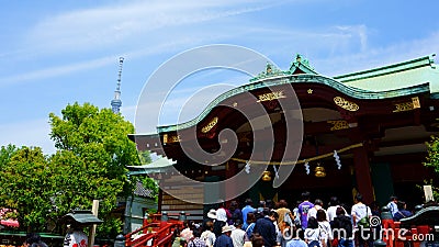 Main Building, Kameido Tenjin Shrine. Picturesque temple with stunning views of Tokyo Sky Tree, Editorial Stock Photo