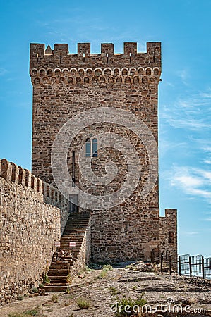 Main Consular tower of Genoese fortress - medieval residence of governor. Built in XIV century on Fortress Rock Stock Photo