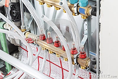 Main Control manifold of house floor heating system. Stock Photo