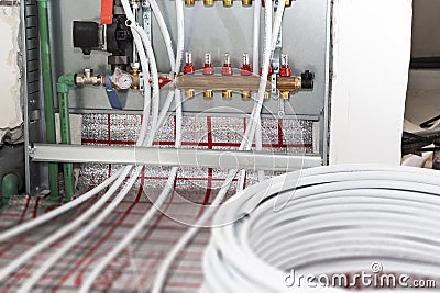 Main Control manifold of house floor heating system Stock Photo