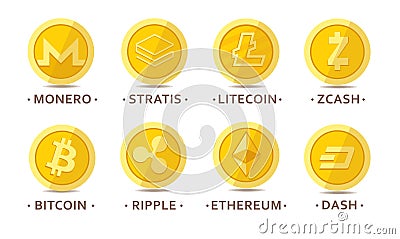 Main cryptocurrency coins set Vector Illustration