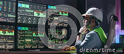 Main engineer following the plant process using Industry 4.0. Operator control process of production uses computer screens with Stock Photo