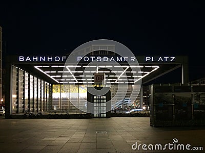 The main entrance of the Berlin Potsdamer Platz train station at night in Berlin. Germany. Editorial Stock Photo