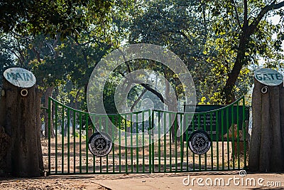 Main entrance gate of tala zone locked and closed for safari and tourist at bandhavgarh national park or tiger reserve Stock Photo
