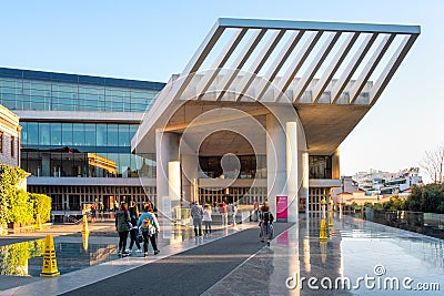 Main entrance to Acropolis Museum - Mouseio Akropolis â€“ modernistic archeological museum in ancient old town borough of Athens, Editorial Stock Photo