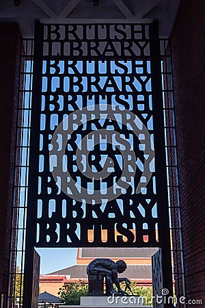 Main entrance to the British Library, Euston Road, London, with a statue of Sir Isaac Newton in the background Editorial Stock Photo