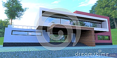 The main entrance to a modern advanced building. Finishing the porch facade board. Wide concrete steps. Mirrored sliding doors. 3d Cartoon Illustration