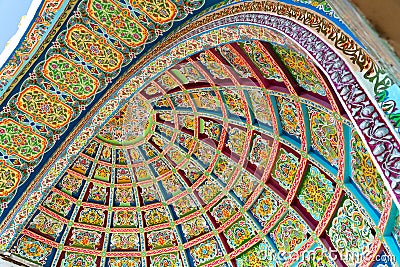 The main entrance to old soviet historical central bazaar Panjshanbe Bozor and beautiful decoration on the ceiling in Khujand in Editorial Stock Photo