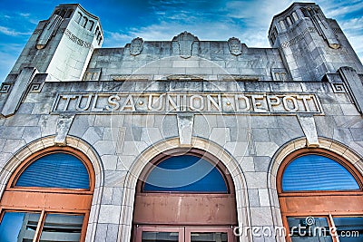 Close up on main entrance and facade of historic art deco Tulsa Union Station in Oklahoma Editorial Stock Photo