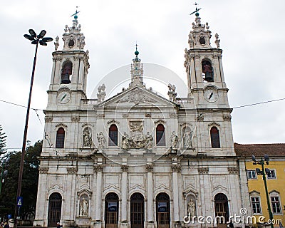 Main facade of Estrela basilica in Lisbon, Portugal Editorial Stock Photo