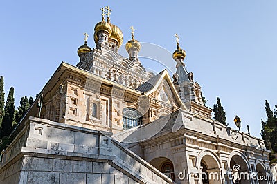 The main facade with golden domes of Church of Mary Magdalene in Jerusalem, Israel Editorial Stock Photo