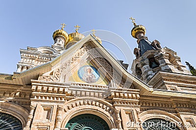 The main facade with golden domes of Church of Mary Magdalene in Jerusalem, Israel Editorial Stock Photo