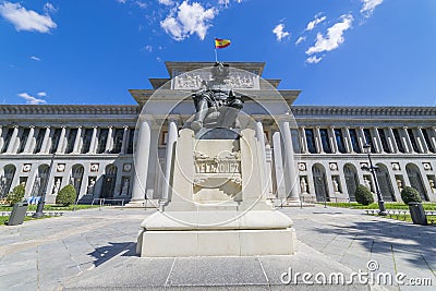 Main facade of the Prado Museum, old art gallery in Spain, Madrid. Sculpture by the painter Velazquez Editorial Stock Photo