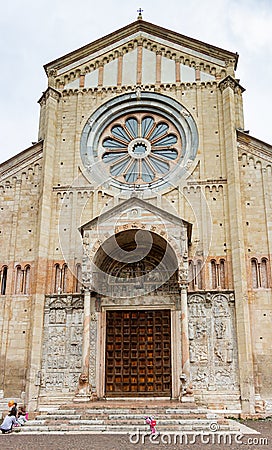 The main fasade of the Basilica di San Zeno Maggiore in old part of Verona city, Italy Editorial Stock Photo