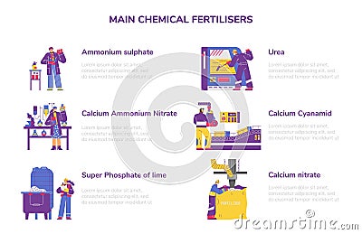 Main fertilizers to improve soil and increase harvest set, flat vector isolated. Vector Illustration