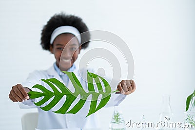 Main focus on green leaf is held by young American African scientist in laboratory or classroom Stock Photo
