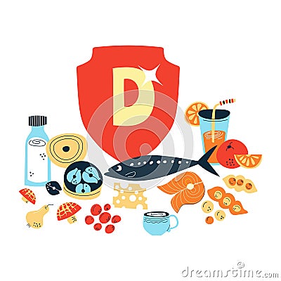 The main food sources of vitamin D. the concept of healthy eating Vector Illustration