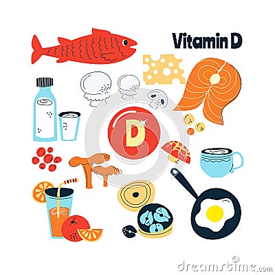 The main food sources of vitamin D. the concept of healthy eating Vector Illustration