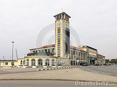 Main front facade of the iconic building, built at the time, of the Port of Luanda, located downtown, at the bottom of the Editorial Stock Photo