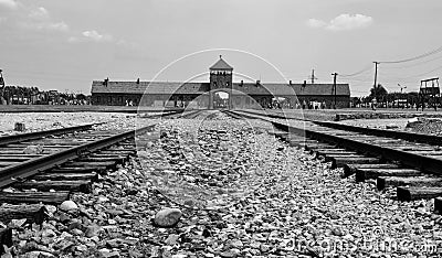 Main gates of the concentration camp Auschwitz - Birkenau, Poland Editorial Stock Photo