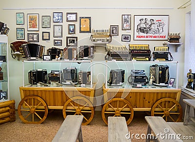 The main hall of the grandfather Filimon accordion museum, Tula Editorial Stock Photo