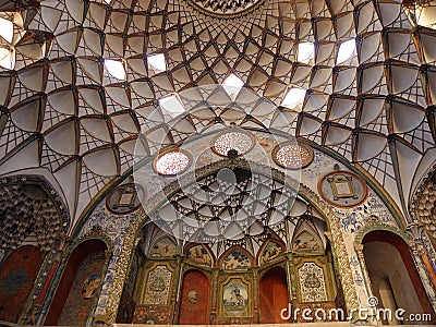 Interior view of the dome roof of Boroujerdi`s house with beautiful carvings and glass, Kashan, Iran Editorial Stock Photo
