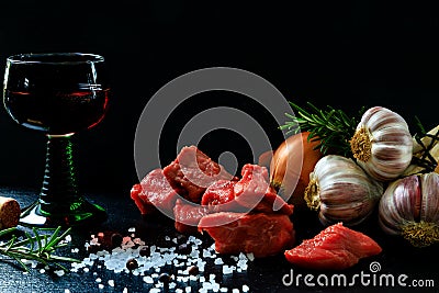 The main ingredients for a beef goulash appealingly prepared Stock Photo