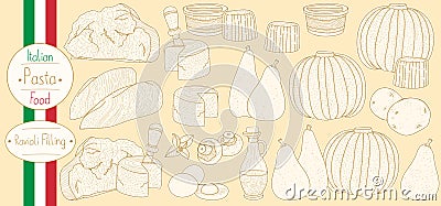 Main ingredients for stuffed pasta filling for cooking italian food Ravioli Cartoon Illustration