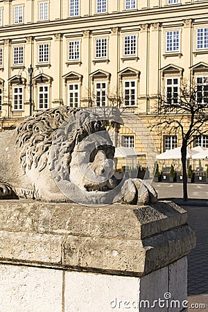 Main Market Square, stone sculpture of a lion in front of the entrance of Town Hall Tower, Krakow, Poland Editorial Stock Photo