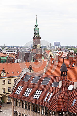 Main market, tower of Old Town Hall, aerial view, Lower Silesia, Wroclaw, Poland Editorial Stock Photo
