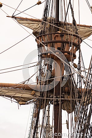 main mast of historic ship with crow`s next and rigging Stock Photo