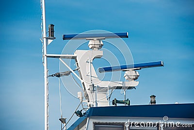 Main mast of passenger ship with navigation equipment Stock Photo