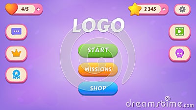 Main menu. GUI Kit casual assets for a game mobile, a set of user interface elements and pop-ups for the game interface Vector Illustration